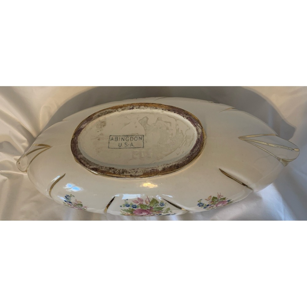 Vintage Mid-Century Abingdon‎ USA Blue Gilded Floral Planter Console Bowl #532 - Picture 4 of 6